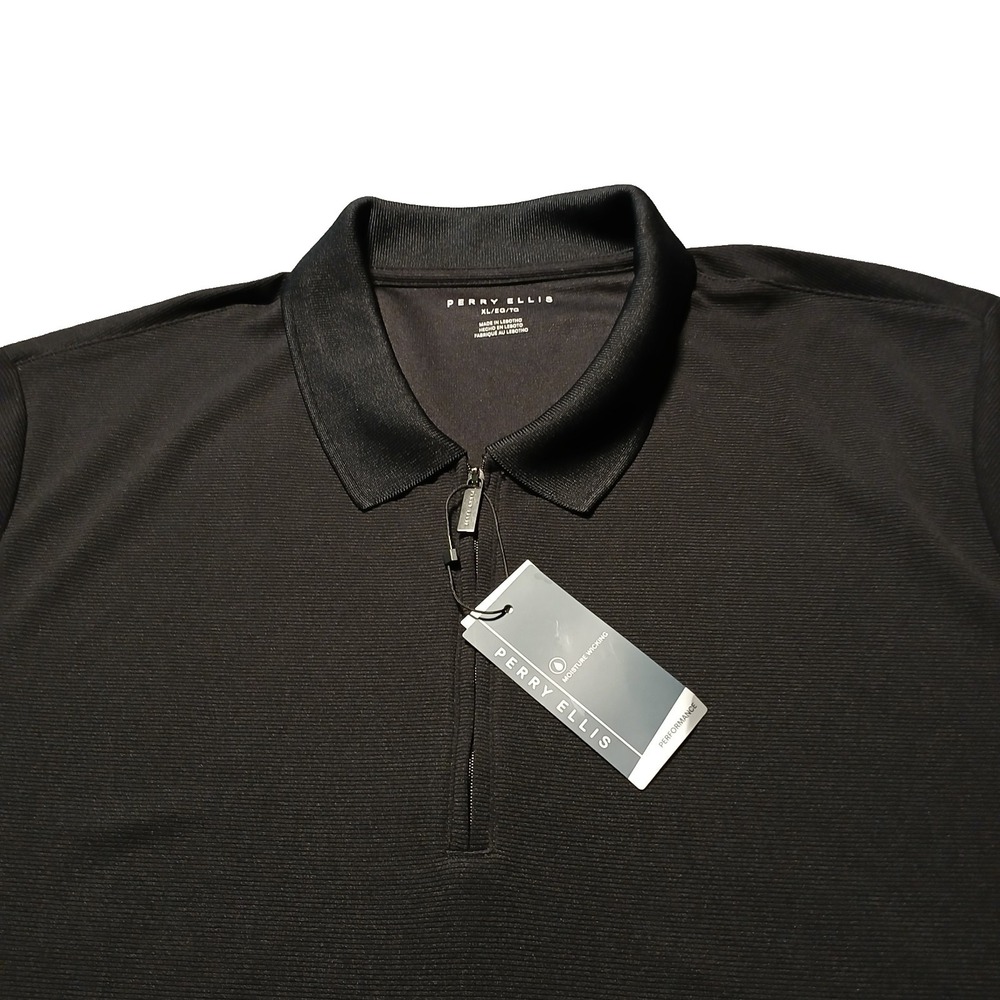 Perry Ellis Performance Men Black Zip Polo Shirt Short Sleeve‎ XL Classic Golf